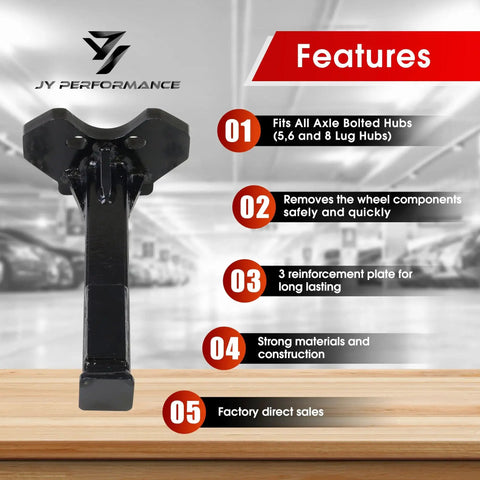 Universal Wheel Bearing And Hub Removal Tool Kit for cars and trucks, shown with features including reinforced steel plates and multiple lug compatibility