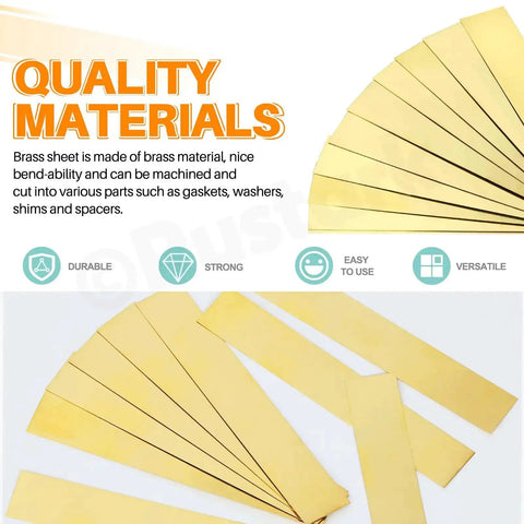 10 Piece Brass Strip Assortment Kit With Handy Brass Shim Sheets For Metalworking And DIY Projects, fan display of strips.