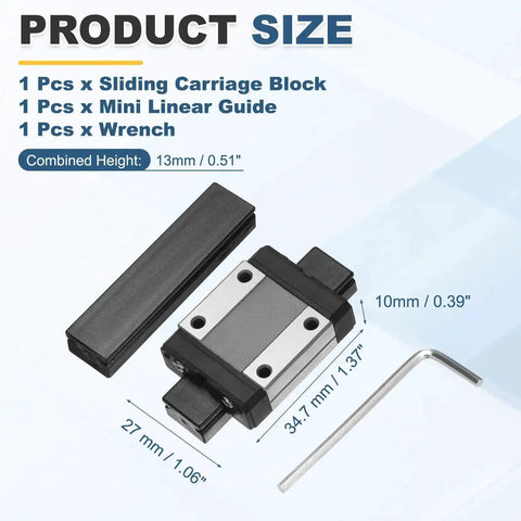 MGN12C Linear Bearing Carriage Block With Mini Guide And Wrench For 12mm Linear Motion Slide Rail, shown with dimensions.