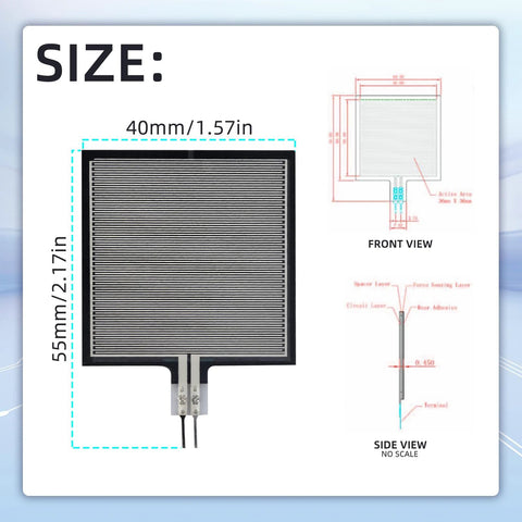 2Pcs RP-S40-ST thin film pressure sensor pad, 40×55 mm, black sensing film with dual terminals.