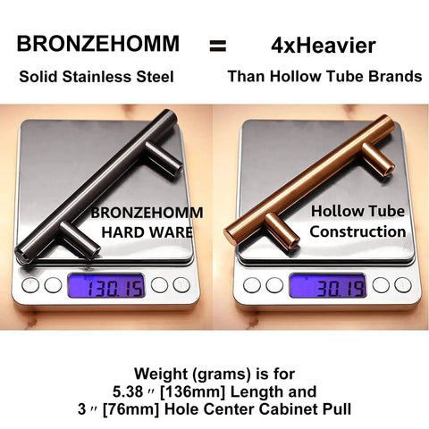 Comparison of 30 Pack Solid Stainless Steel Cabinet Handles and Drawer Pulls With Oil Rubbed Bronze Finish, showing weight difference