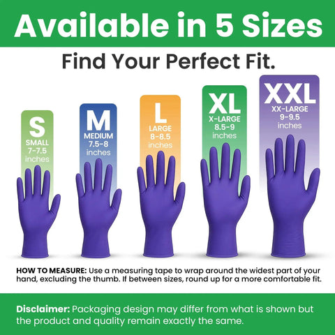 Purple nitrile gloves available in small to XXL sizes, highlighting X Large Nitrile Disposable Gloves Powder Free Textured Fingertips For Medical Lab.