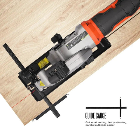Powerful 4 Amp Mini Circular Saw With Laser Guide And Vacuum Adapter cutting wood with guide gauge visible