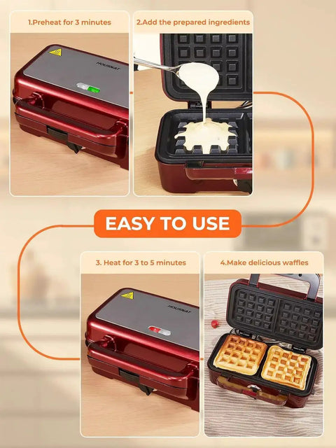 4-step guide showing the 3-In-1 Sandwich And Waffle Maker With Removable Nonstick Plates, 1200W Panini Press making waffles