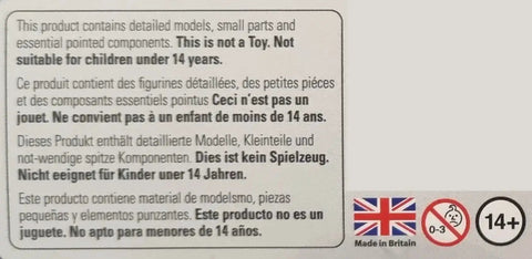 Safety warning on packaging for 30 Piece Mid To Late War Waffen-SS Grenadiers Plastic Miniatures, not suitable for under 14 years.
