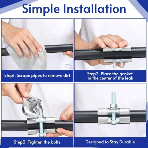 Simple installation of Two Pack IPS Pipe Repair Clamp In 304 Stainless Steel with step-by-step guide on 3/4 inch pipes for fixing leaks.