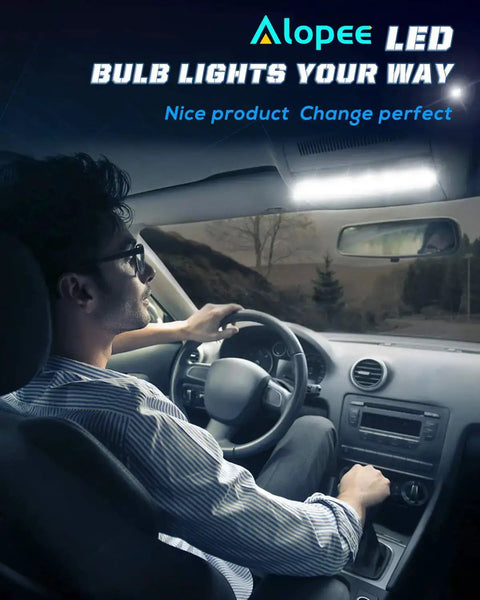 Driver using 12V White BA9S LED Bulb For Car Interior Lights in dashboard area, highlighting bright illumination.