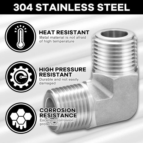 Two-pack 304 stainless steel 90° street elbows, 1/4 in NPT male x 1/4 in NPT male fittings.