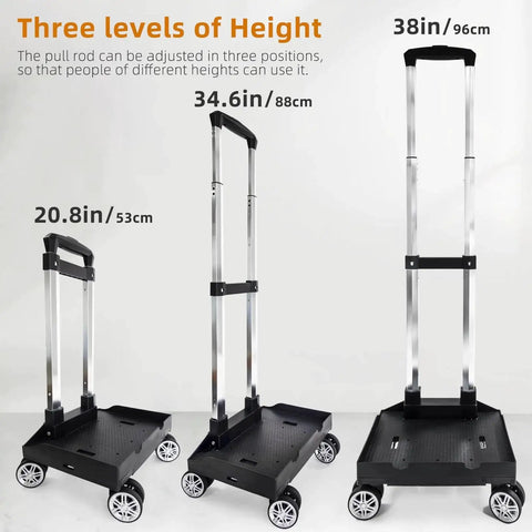 Foldable Aluminium Alloy Wheeled Backpack Trolley with Edge Guard Base, adjustable height for school and travel, showing three size options.
