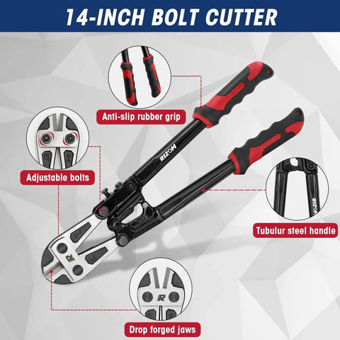 Image of a 14-inch bolt cutter with anti-slip rubber grip, adjustable bolts, and drop forged jaws.
