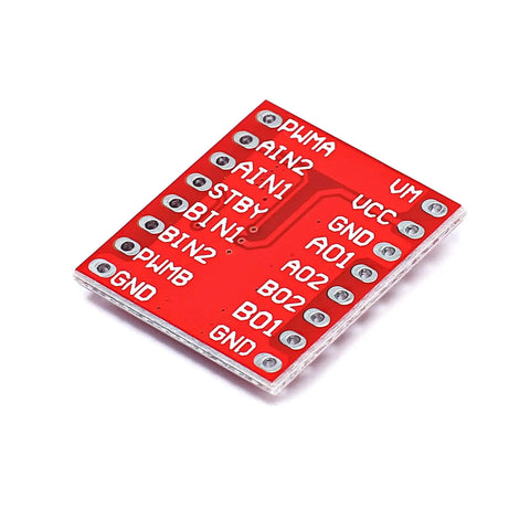 TB6612FNG Dual DC Motor Driver Module Pack Of 3 for DIY robots, top view showing labeled pins on red circuit board