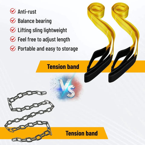 Two yellow 2 in x 8 ft web lifting slings with black end sleeves; 11000 lb breaking strength