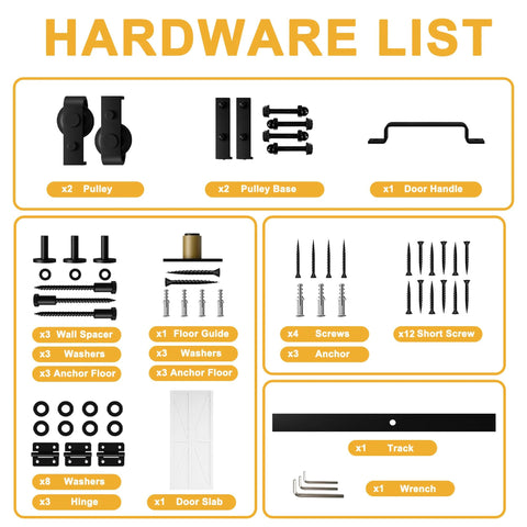 Hardware list for Space Saving Bifold Barn Door Kit With Pre Assembled Panels And Sliding Hardware No Sweat Install Solid Core