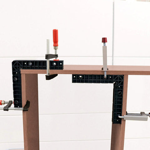Fence Clamp Kit With 90 Degree Corner Clamps And Assembly Squares For Cabinets, Picture Frames, Shelving, Six Piece Set in use.