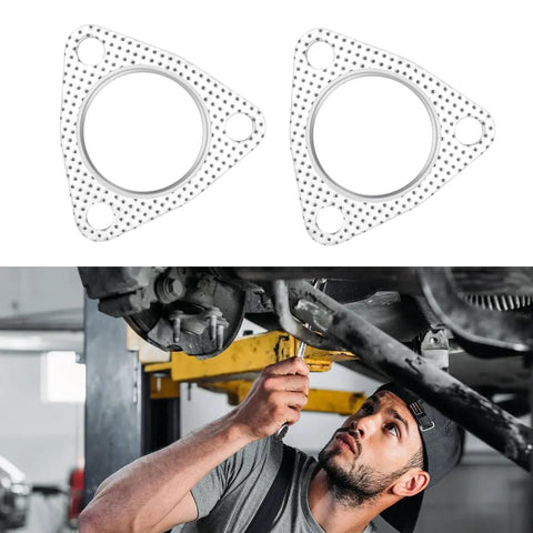 Two-piece 2-inch exhaust flange gasket set with 3-bolt holes; perforated metal seals for headers and mufflers.