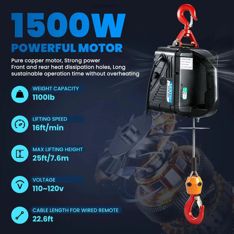 3 In 1 Electric Hoist Winch With Wireless And Cable Remote 1100 Lb Lift with 1500W motor and overhead hook