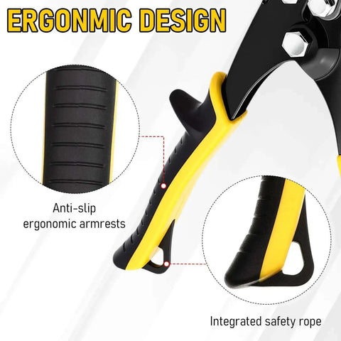 Close-up of ergonomic grip on 2-Piece 5-Blade Hand Crimper For Sheet Metal And Gutter, showing anti-slip armrests and safety rope