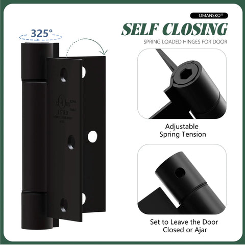 Two Pack Self Closing Door Hinges Three Point Five Inch Matte Black Spring Loaded Auto Close Hinges for Interior Doors