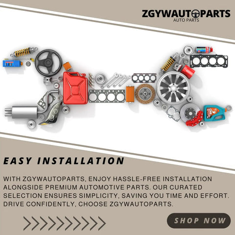 Assorted automotive parts arranged with text emphasizing easy installation and premium automotive parts from ZGYWAUTOPARTS.