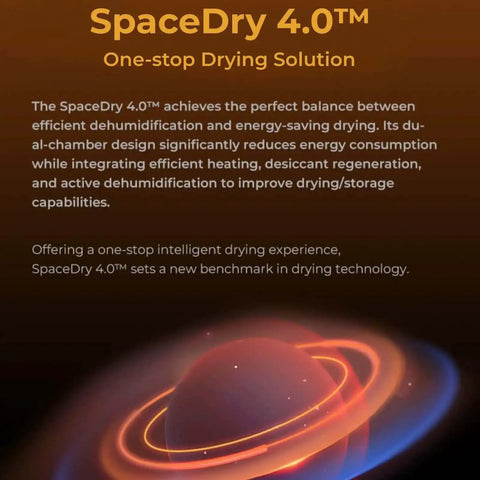SpaceDry 4.0 product image with text highlighting key drying features and benefits on an abstract background