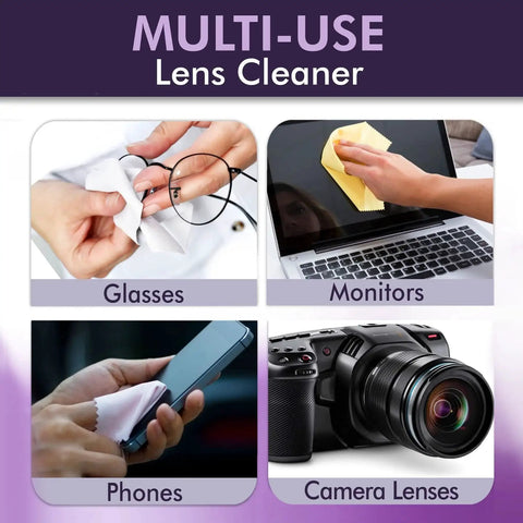 Collage showing Clear View Screen And Lens Cleaner for glasses, laptops, smartphones, and camera lenses