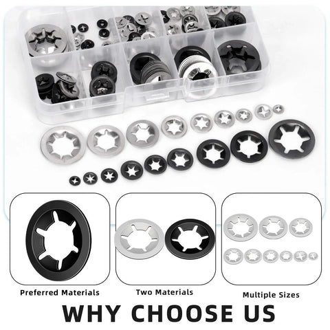 Glarks 209-piece star lock washer set in clear plastic case; 9 sizes, two materials (silver and black) with tweezers