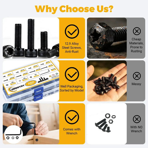 260 Piece M5 Screw Kit With Bolts Nuts Washers And Hardware Set, 12.9 Alloy Steel Plated Hex Socket Head Screws, anti-rust