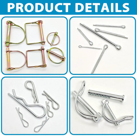 Heavy Duty Pin And Fastener Kit With 383 Pieces For Tractors Trailers Trucks And Mowers Including R Clip Pins Hairpin Cotter Pins Lynch Pins PTO Pins Clevis Pins Square PTO Pins And 3 Point Hitch Accessories in four sections showing various pin types