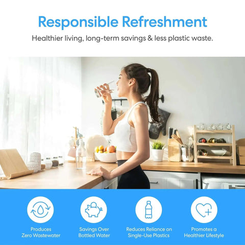 Woman drinking water in kitchen promoting responsible refreshment with eco-friendly message on reducing plastic waste.