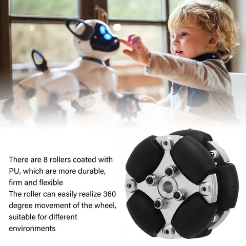 38mm Aluminum Omni Wheel With 8 PU Coated Rollers For Robot Builders, shown executing smooth 360-degree movement beneath a robot toy