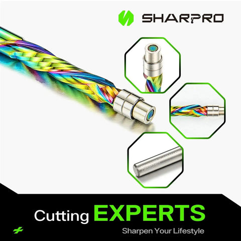 Pro Grade Compression Flush Trim Router Bit With One Quarter Inch Shank And Bottom Bearing Extra Long Coated Carbide Bit for CNC Pattern Woodworking Dual Bearing System For Stable Cuts One And One Quarter Inch Cutting Length Three Inch Overall Length displayed with detailed close-up views, side view of shank, and colorful coating