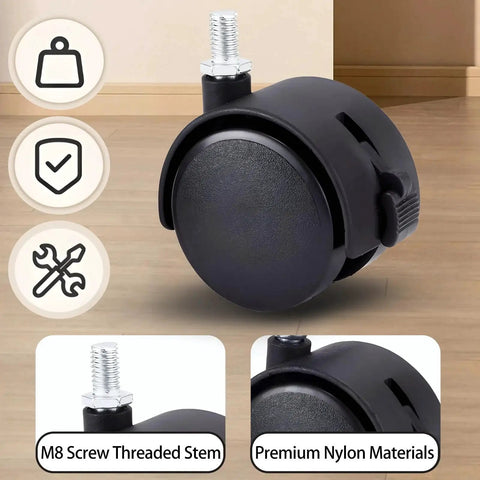1.5 Inch M8 Threaded Stem Casters With Brakes Black Nylon Furniture Casters Set Of 4 Heavy Duty Replacement Swivel Wheels For Furniture Cart Cabinet And Shelf With Smooth Non Marring Rolling And Easy Installation