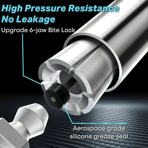 Close-up of Heavy Duty Quick Release Grease Gun Coupler With Locking 6 Jaw System showing 10,000 PSI Tip and silicone seal