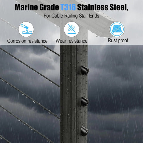 Cable railing angle washers, three black T316 stainless steel 30° beveled washers, 5/16 in ID on a post.