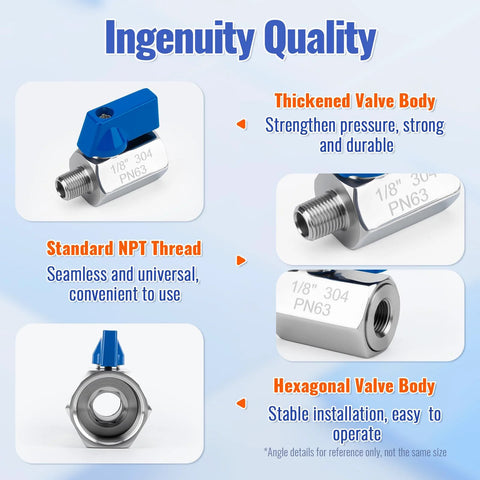 CTJfyrdian 2-pack 1/8 in mini ball valve, 304 stainless, NPT male x female, blue lever handle