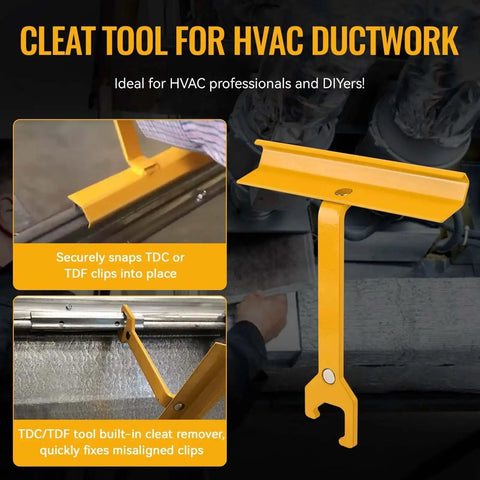 6 Inch Magnetic Cleat Tool For HVAC Ductwork TDC TDF Clips Fits In Tight Spaces, yellow tool displayed on sheet metal.