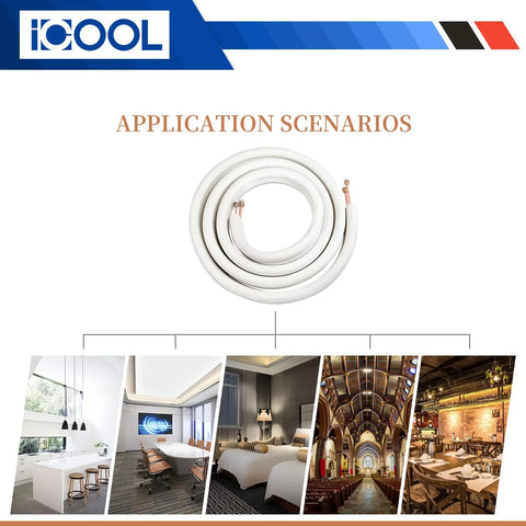 ICOOL 50 ft mini split line set: white insulated copper pipes (1/4" & 3/8" OD) with copper ends