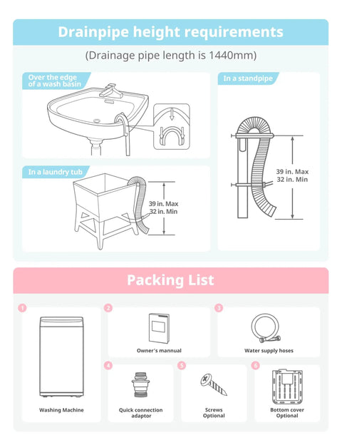 Drainage height requirements and packing list for Compact Portable Washer 0.9 Cu Ft With LED Display And 5 Wash Cycles
