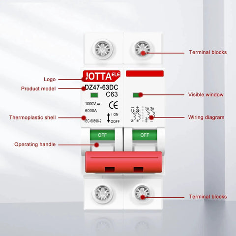 Solar Panel Disconnect Switch 2 Pole DC Circuit Breaker 63A Beefy Isolator For PV System 1000V Max DIN Rail Mount front view