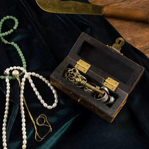 Jewelry box with Ten Pack Mini Solid Brass Hinge For Jewelry Box Cabinet Drawer Butt Hinge shown open with contents, pearls nearby.