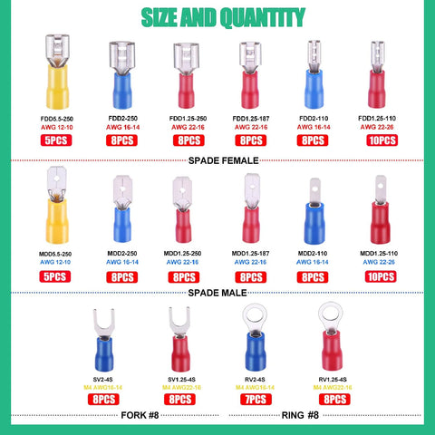 Twidec spade crimp connector kit, insulated 2.8/4.8/6.3 mm male/female terminals with fork and ring types, 15 varieties
