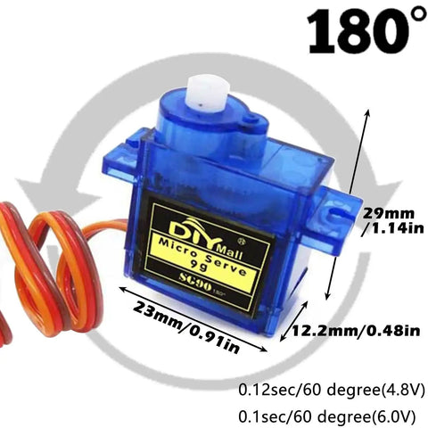 Mechatronics Servo Tester Kit With SG90 9G Micro Servo 180 Degree RC Servo Tester Controller Power Supply Case 4AA Battery Holder JR Connector Easy Setup Starter Pack For RC Cars Drones And DIY Projects showing dimensions and rotation angle.