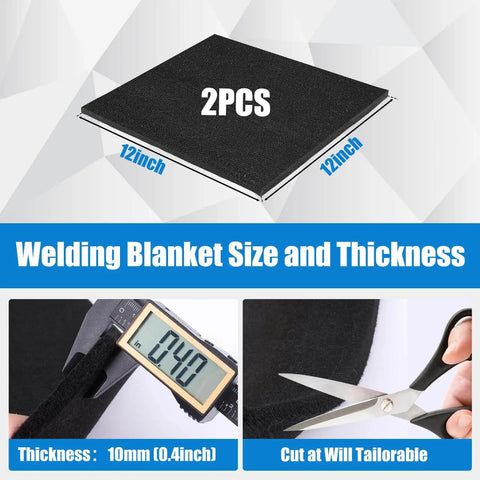 2Pack 10mm Thick Fireproof Welding Blanket 12x12 Inches Carbon Felt Shield with measuring tools and scissors display