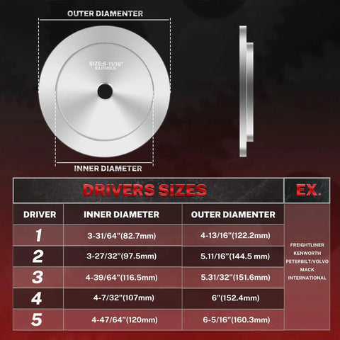 Diagram showing driver sizes and dimensions for Truck Hub Seal Installer Kit With Bearing Race And Seal Driver Set.