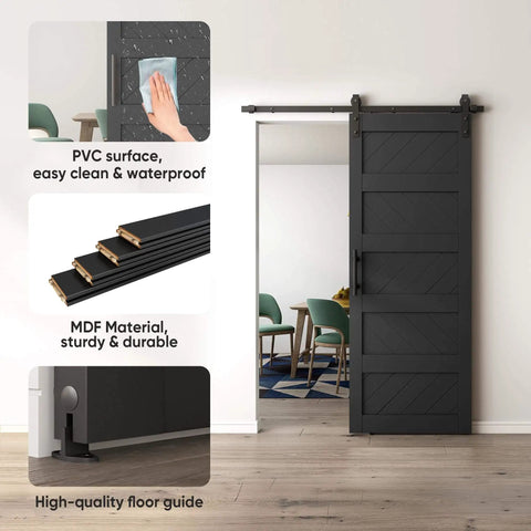 32x84 Inch Wave Style Sliding Barn Door Kit With Hardware Included, Solid Wood Core With MDF And PVC Covered, Dope Black Finish