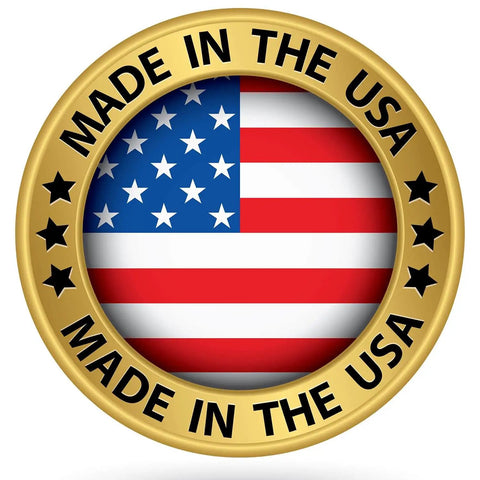 Circular badge with "Made in the USA" text and American flag design.