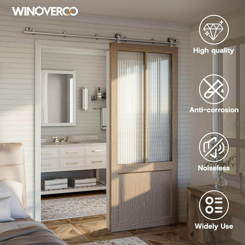 66 Inch Top Mount Sliding Barn Door Hardware Kit In Stainless Steel, Heavy Duty And Quiet, Fits Single Doors Up To 34 Inches Wide
