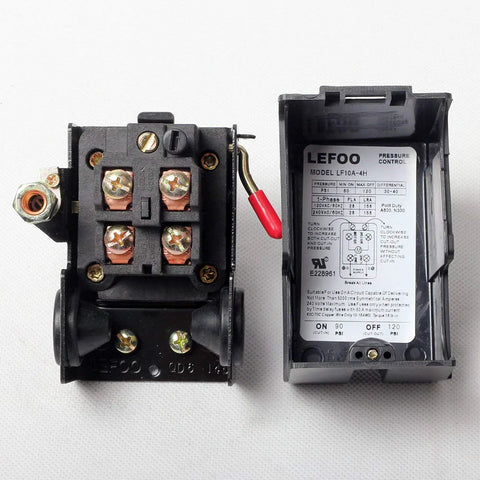 Pressure switch manifold regulator for air compressors; two units, black terminal block with copper screws and LEFOO.