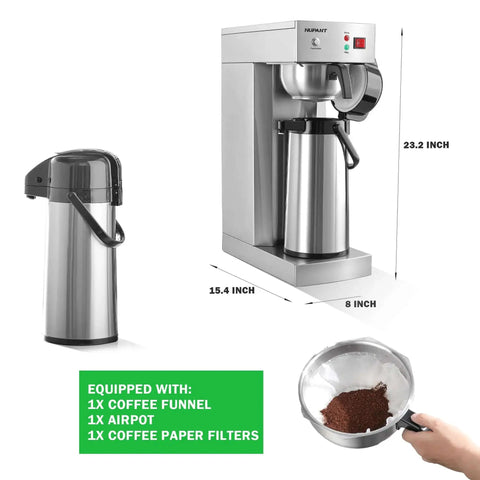 No-Fuss Auto-Filling Commercial Airpot Coffee Brewer 2.2L 74oz with stainless steel thermal carafe and coffee accessories shown