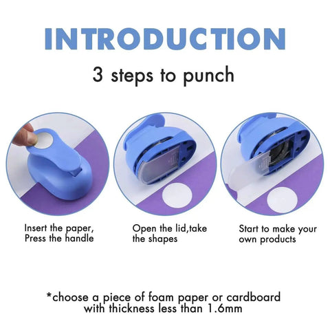 Three Eighths Inch Circle Paper Punch For Quick No Fuss Circle Cuts with illustration of 3-step usage process